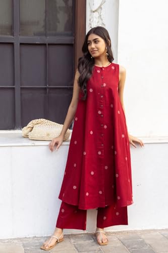 ANNI DESIGNER Women's Cotton Printed Maroon Hand-Print Kurta Set|A-Line Kurta With Palazzo|Co-Ord Set|Ethnic & Stylish Two Piece Dress|Casual & Office Wear Coord Set